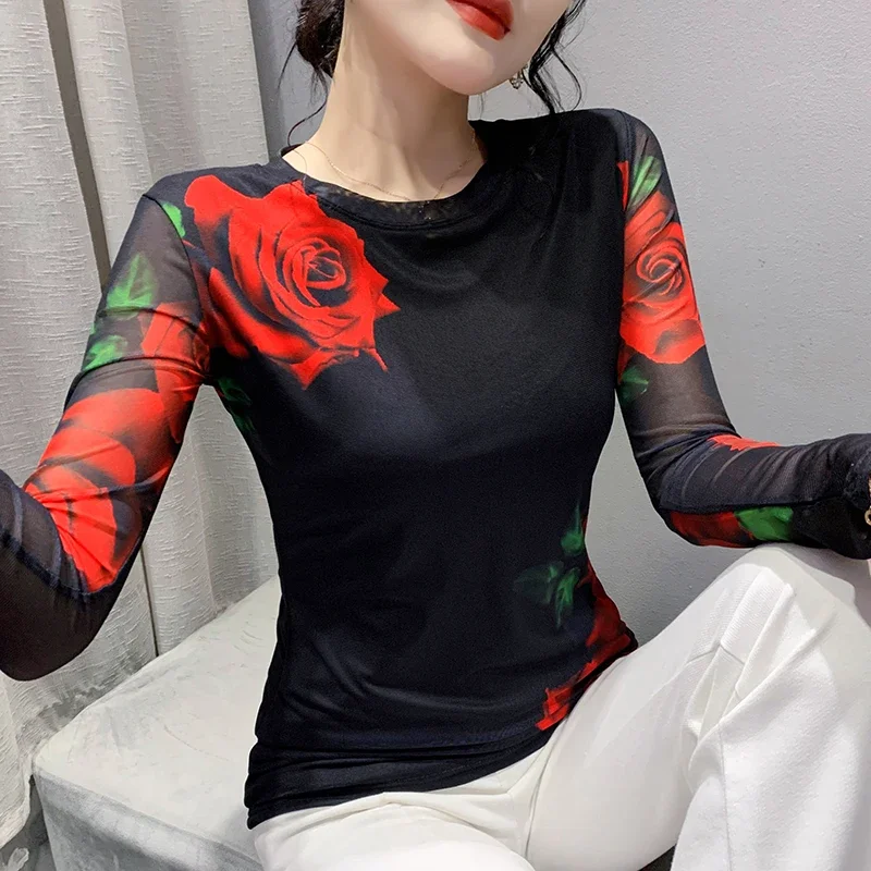 Size S-3XL Girls Fixed Printing Mesh T-Shirts Tees Female Full Sleeve O Neck Stretchy Tshirt Black Tops Women 2023 Autumn