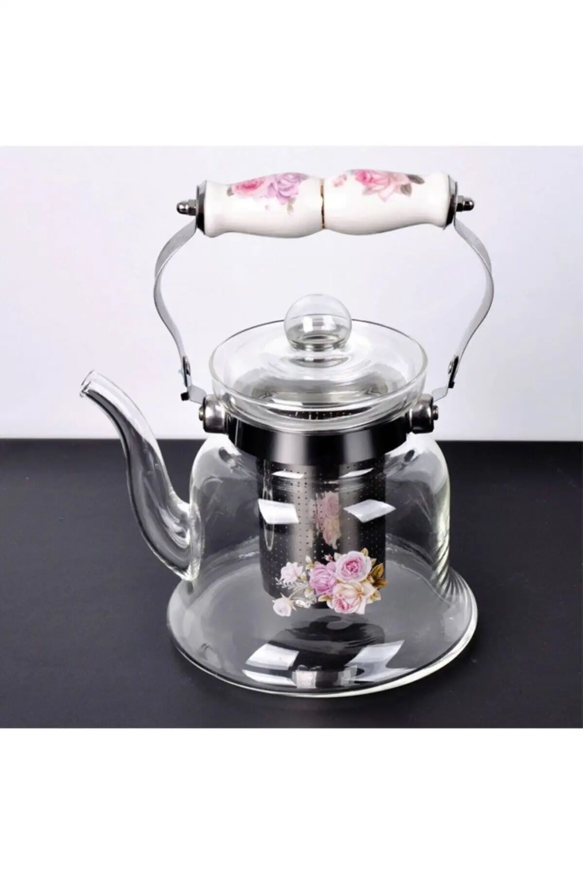 Porcelain Handle Fire Heat Resistant Strainer Termisil Glass Teapot 900 ml