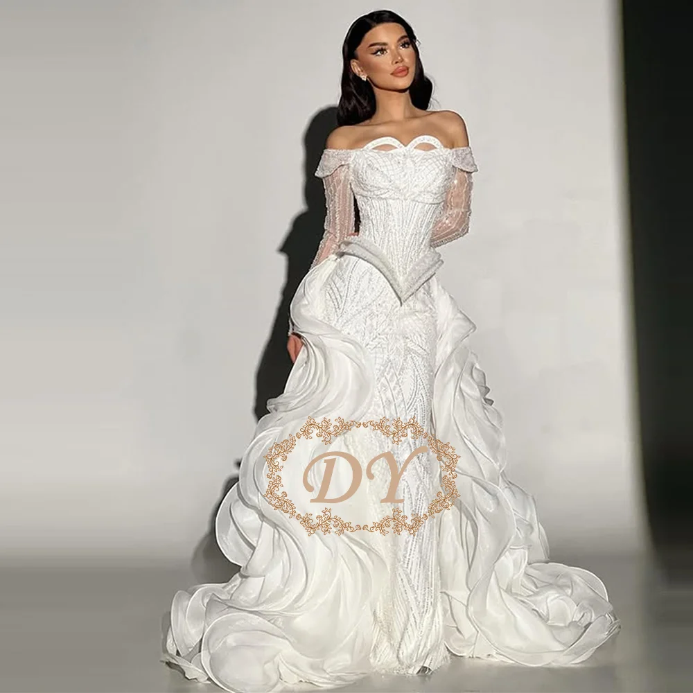 

Свадебное платье DY с открытыми плечами, украшенное пайетками, сексуальное свадебное платье с бисером, многослойными оборками, индивидуальный пошив, vestidos de novia