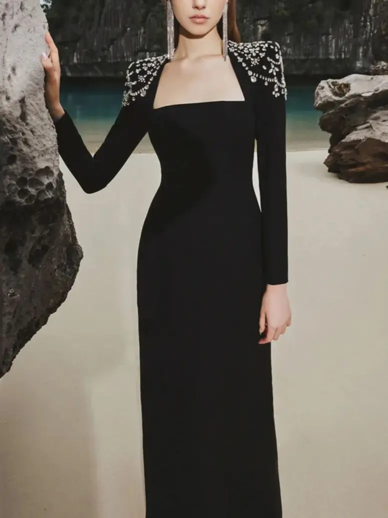 Autumn New Luxury Birthday Dresses Diamond Tight Long Sleeve Square Neck Long Bandage Dress Women's Wedding Evening Formal Gowns