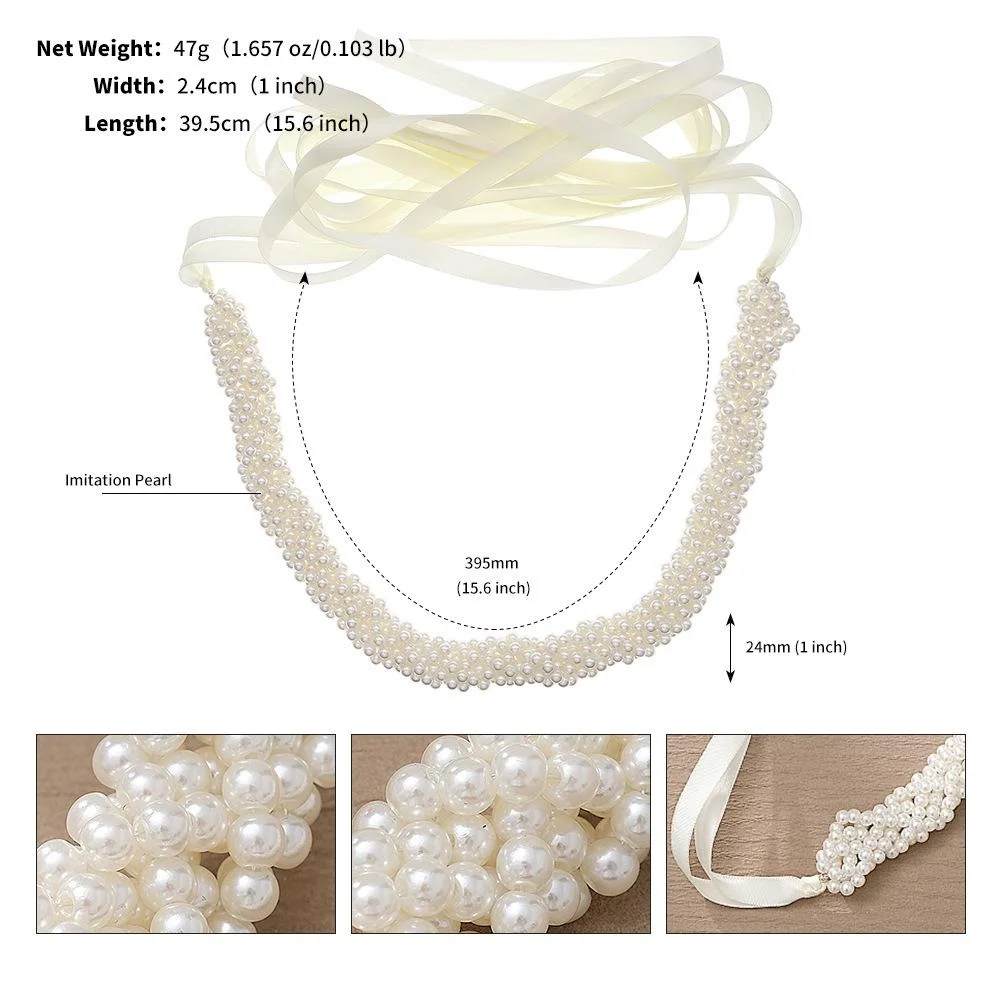 Handmade Pearl Beaded Chain Satin Ribbon Back Tie Wedding Dress Belt Bride Sashes for Wedding Bridesmaids Dress Gown