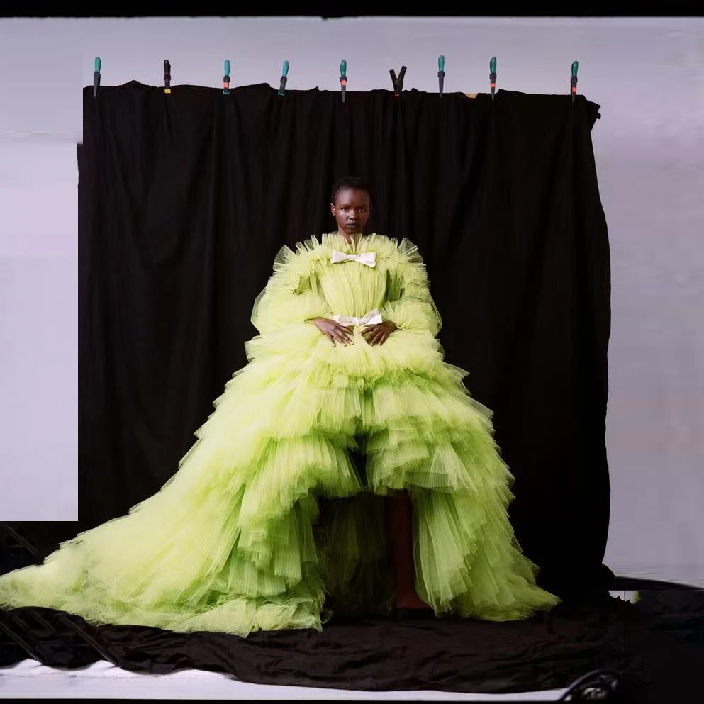 

Ruffled Layered Women Dresses Bow Asymmetrical Spring Soft Tulle Prom Dress Green Full Sleeve Lush Arabic Party Gowns Long Train