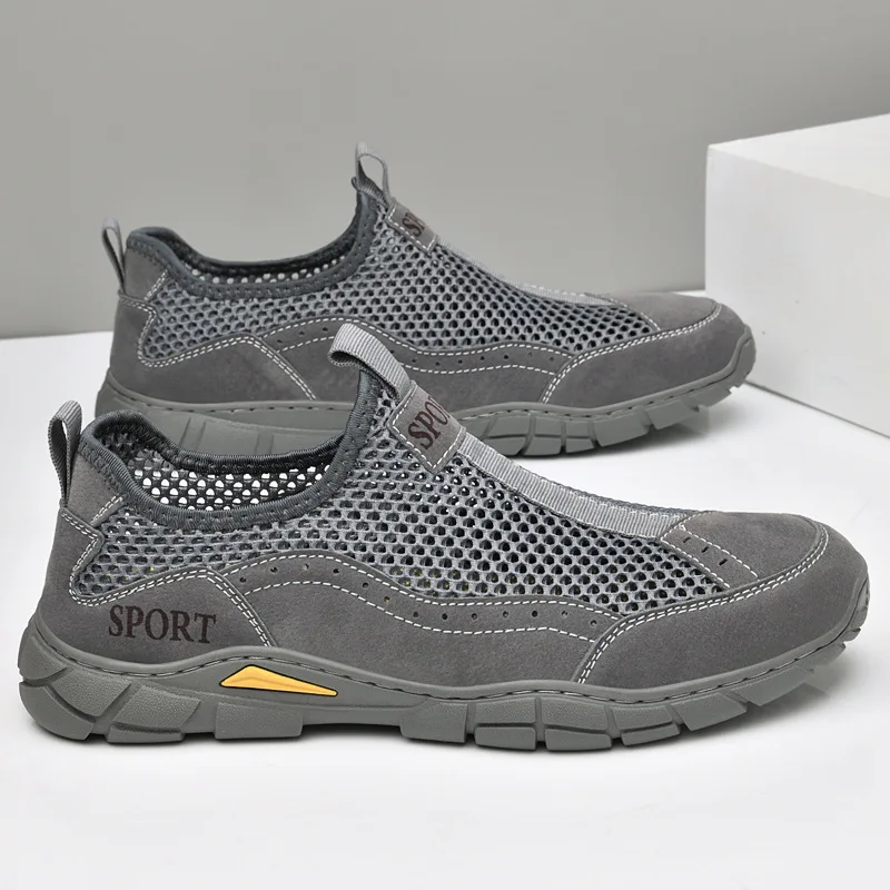 Summer Men Casual Sneakers Big Size Genuine Leather Mesh Breathable Hollow Outdoor Shoes