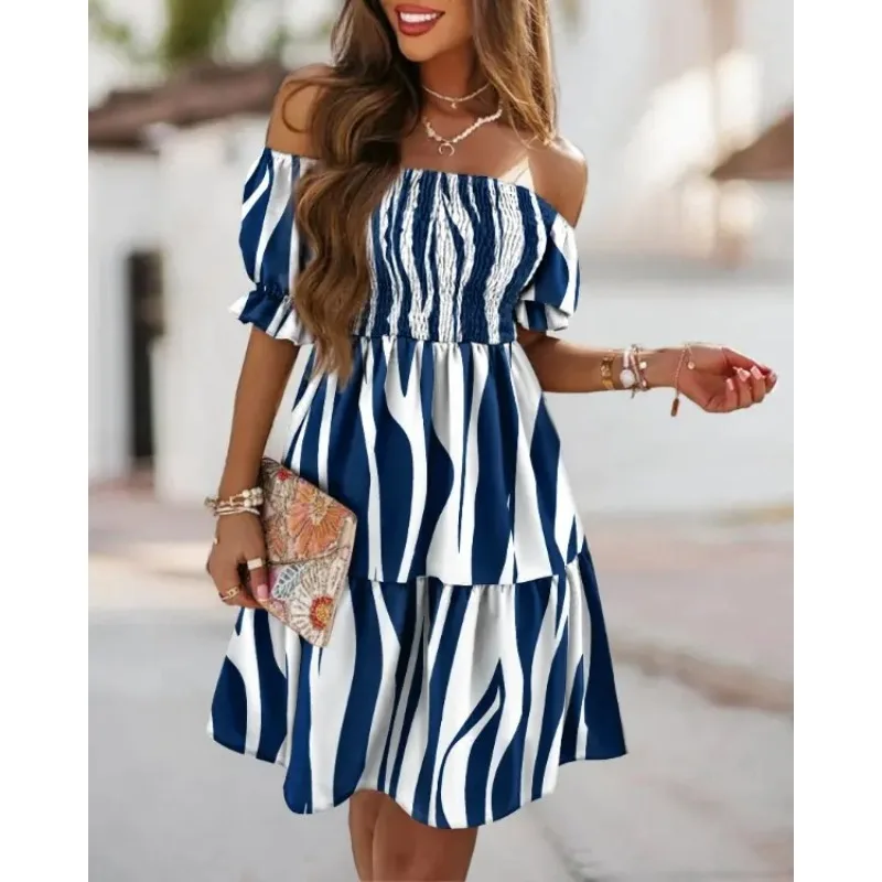 Short sleeved one line collar with waistband pleated print dress, fashionable and versatile for practical wear