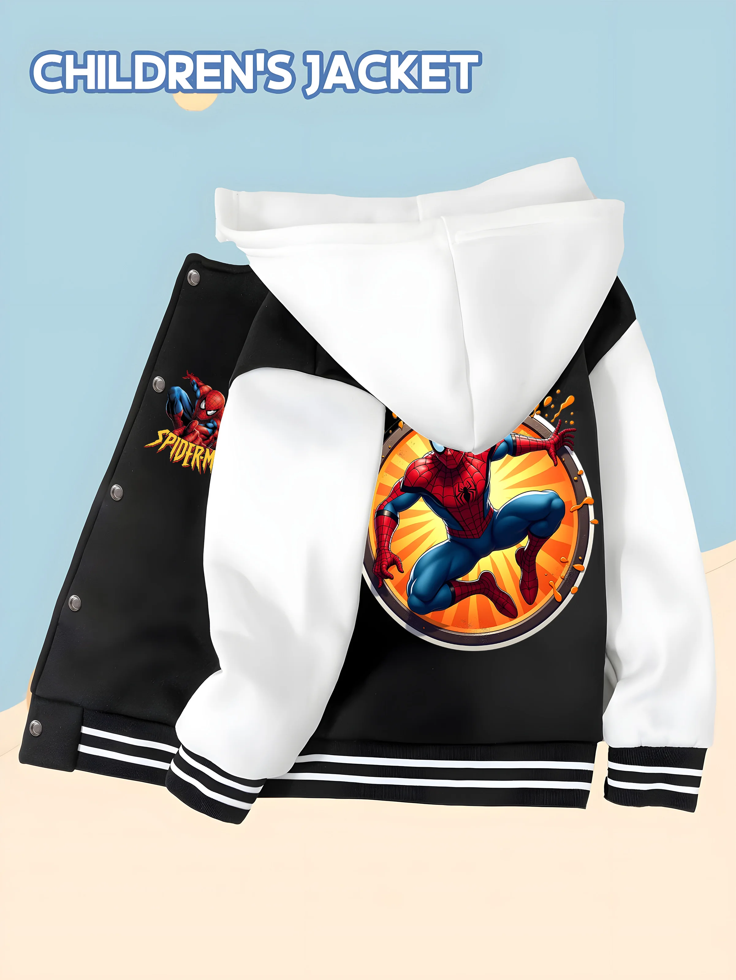 

MINISO Spider-Man themed children's baseball jacket with dynamic hero pattern, black and white stitching trend, fashionable desi