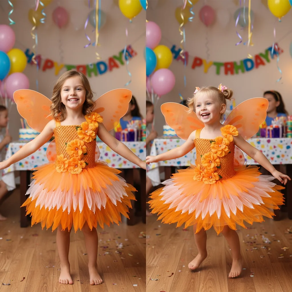 Girls Orange Flower Petals Tutu Dress Kids Black Crochet Ballet Tulle Dress with Headband Children Halloween Party Costume Dress view 3
