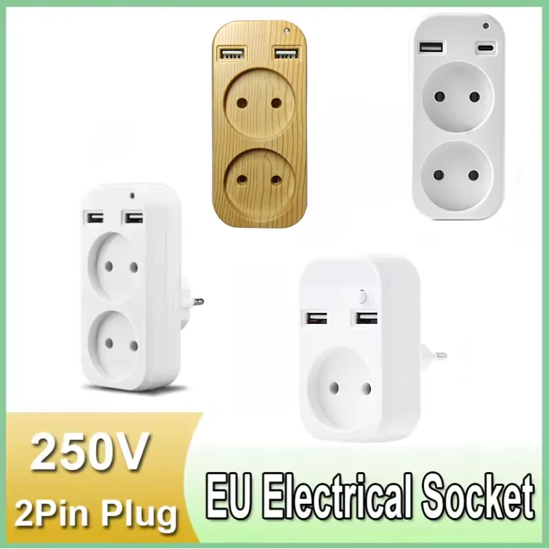 2025 EU Plug Power Strip Adapter Wall Double AC Socket Portable 2 USB Port for Mobile Phones 1200W 250V For Smartphones Tablets image 2