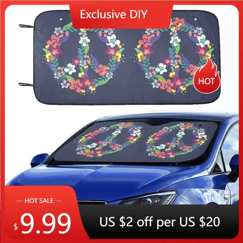 

Floral Peace Sign Windshield Sun Shade, Flower Hippie Boho Women Car Accessories Auto Vehicle Protector Front Window Visor Scree