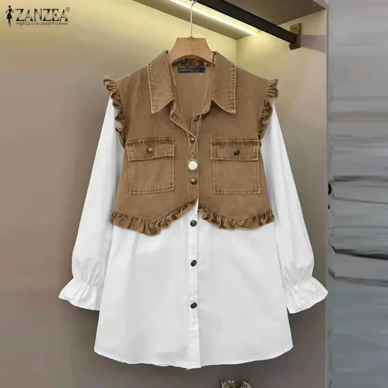 ZANZEA قمصان نسائية عصرية بلوزة أنيقة للمكتب للسيدات للخريف 3/4 كم مرقعة ملابس خروج فضفاضة غير رسمية بلوزات للسيدات