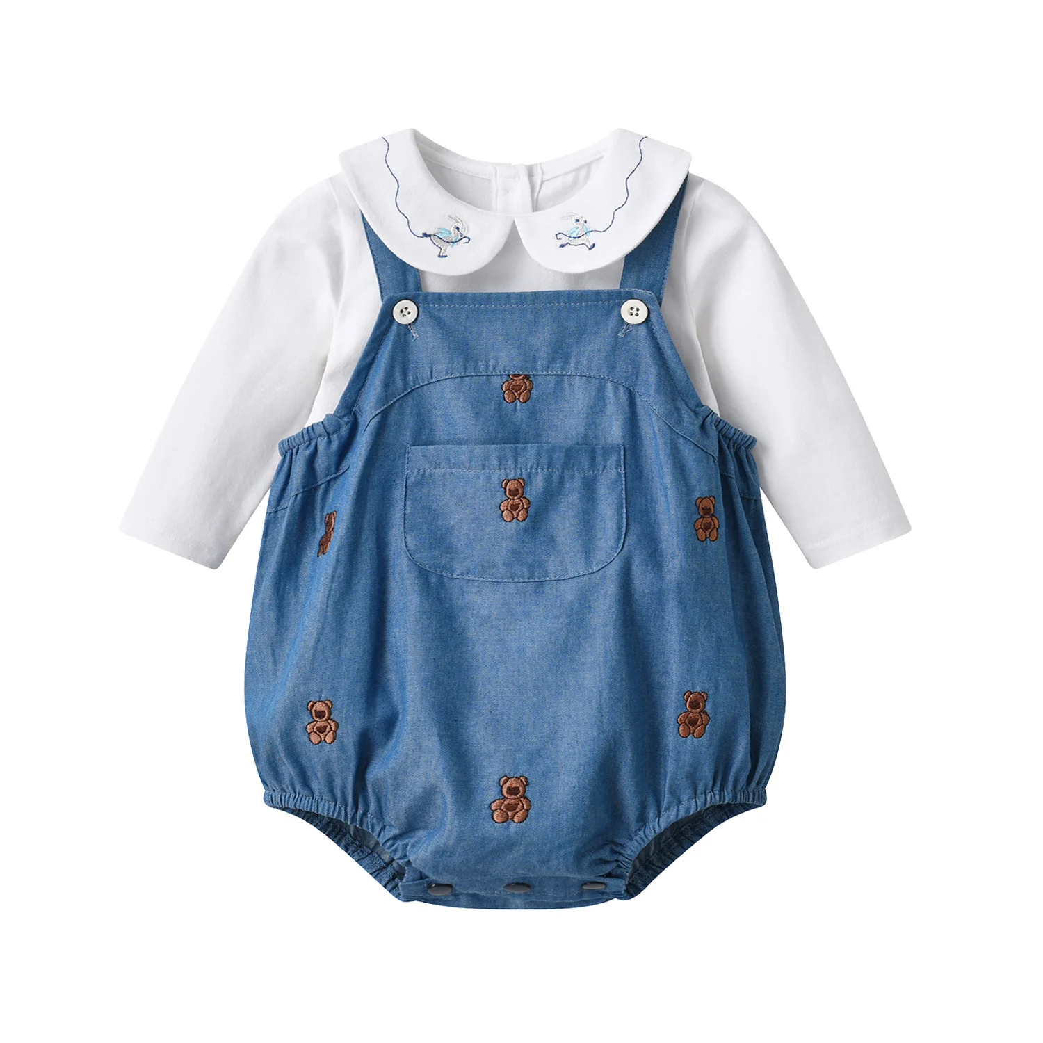 ベビーサマー薄手デニムロンパース-綿100-クマ柄ストラップロンパース-赤ちゃん用クライミング服