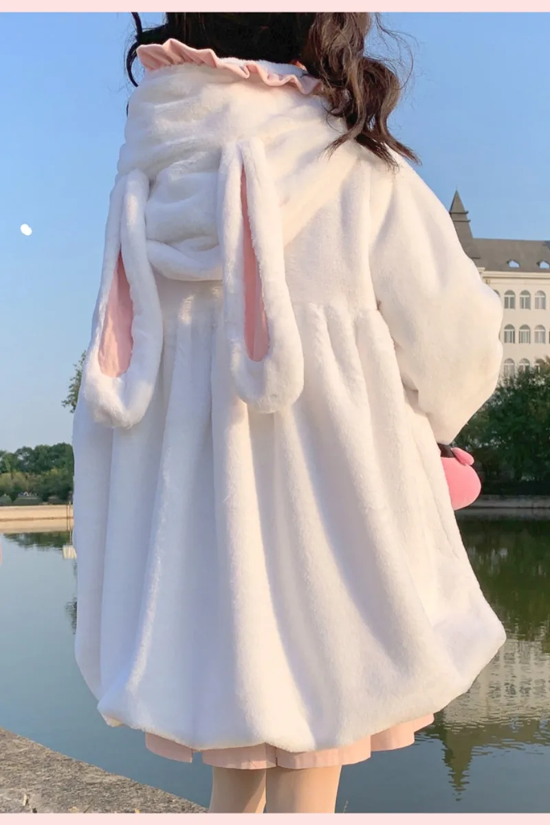 Japanese Soft Girl Sweet And Cute Plush Thick Hooded Rabbit Ear Fur Coat Flower Bud Swing Skirt Female Autumn Winter Kawaii