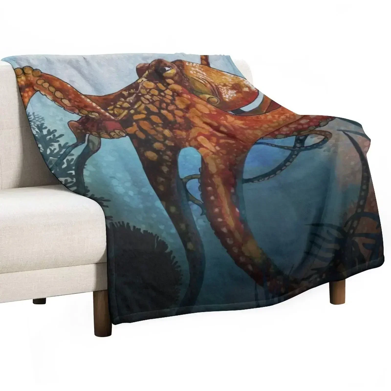

Octopus in the Coral Reef Throw Blanket Stain Resistant Cozy Warm Blanket