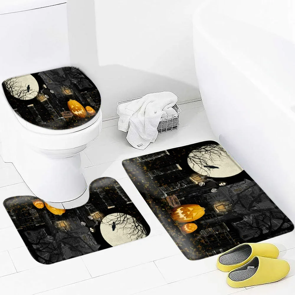 Halloween Decor Bath Mat Farmhouse Haystack Pumpkin Skull Horror Moon Night Tombstone Bathroom Accessory Set Toilet Cover Set