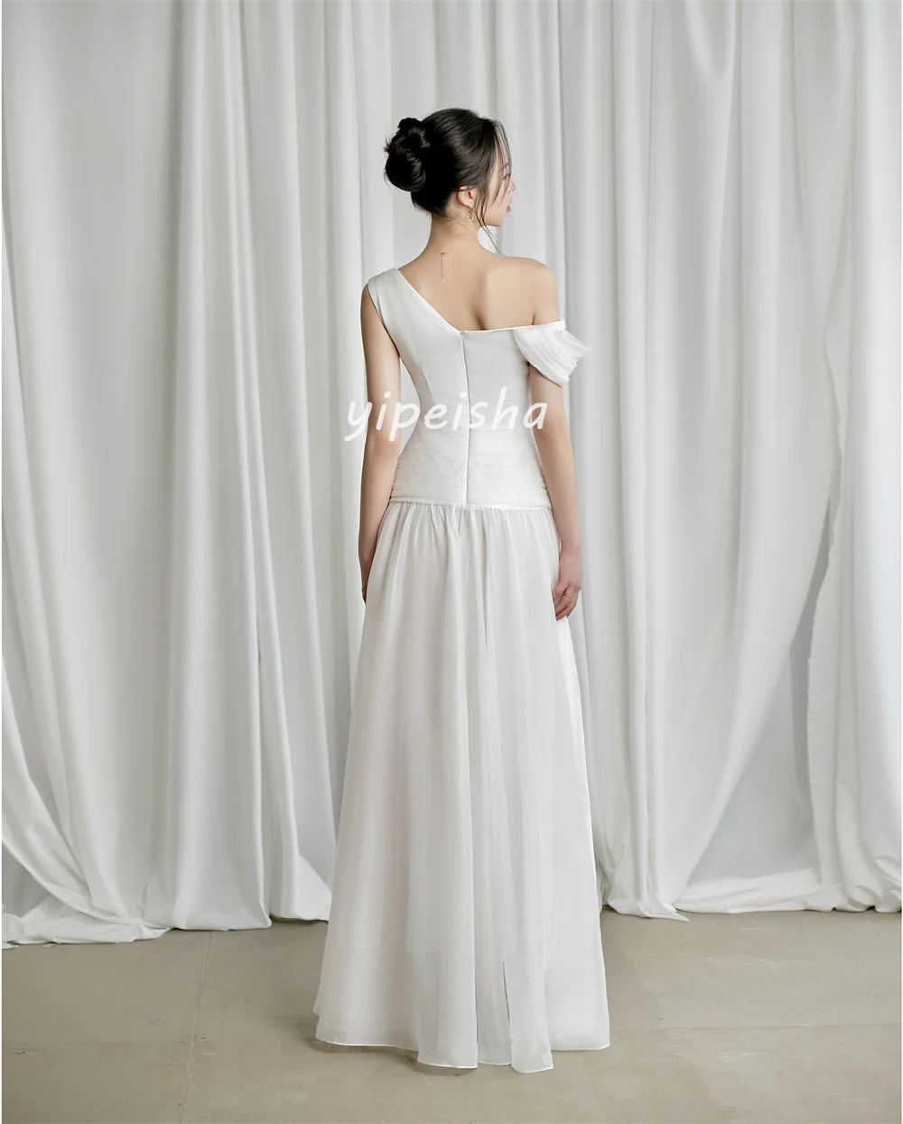 Vestidos largos personalizados de alta calidad, clásicos, de gasa, hechos a mano, con pliegues de flores, rectos, con hombros descubiertos, vestidos para ocasiones a medida