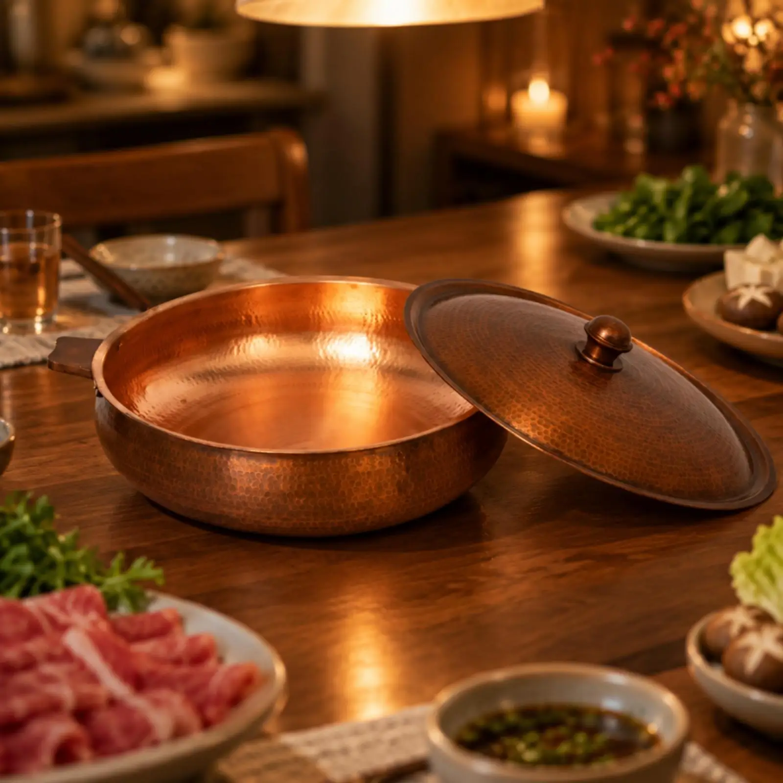 Induction Compatible Copper Hot Pot with Lid Thickened Hand-Hammered Copper Pot with Domed Lid Heat Conductive Sturdy