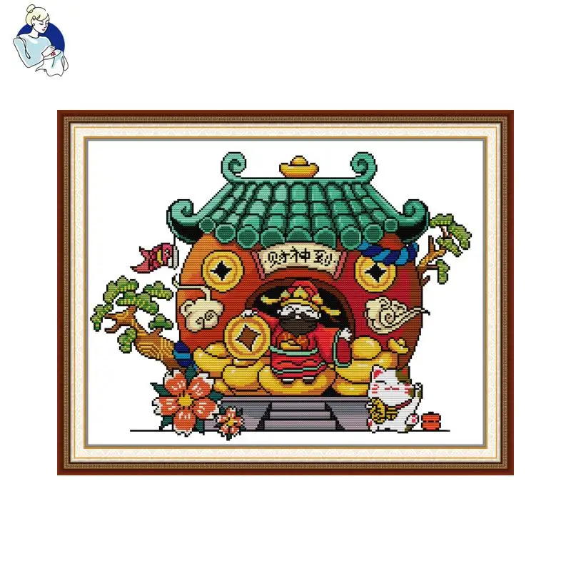 Joy Sunday The God of Wealth Printed Cross Stitch Kits Aida 16CT DIY Fabric Craft Needle Canva Hand Embroidery Set For Starters