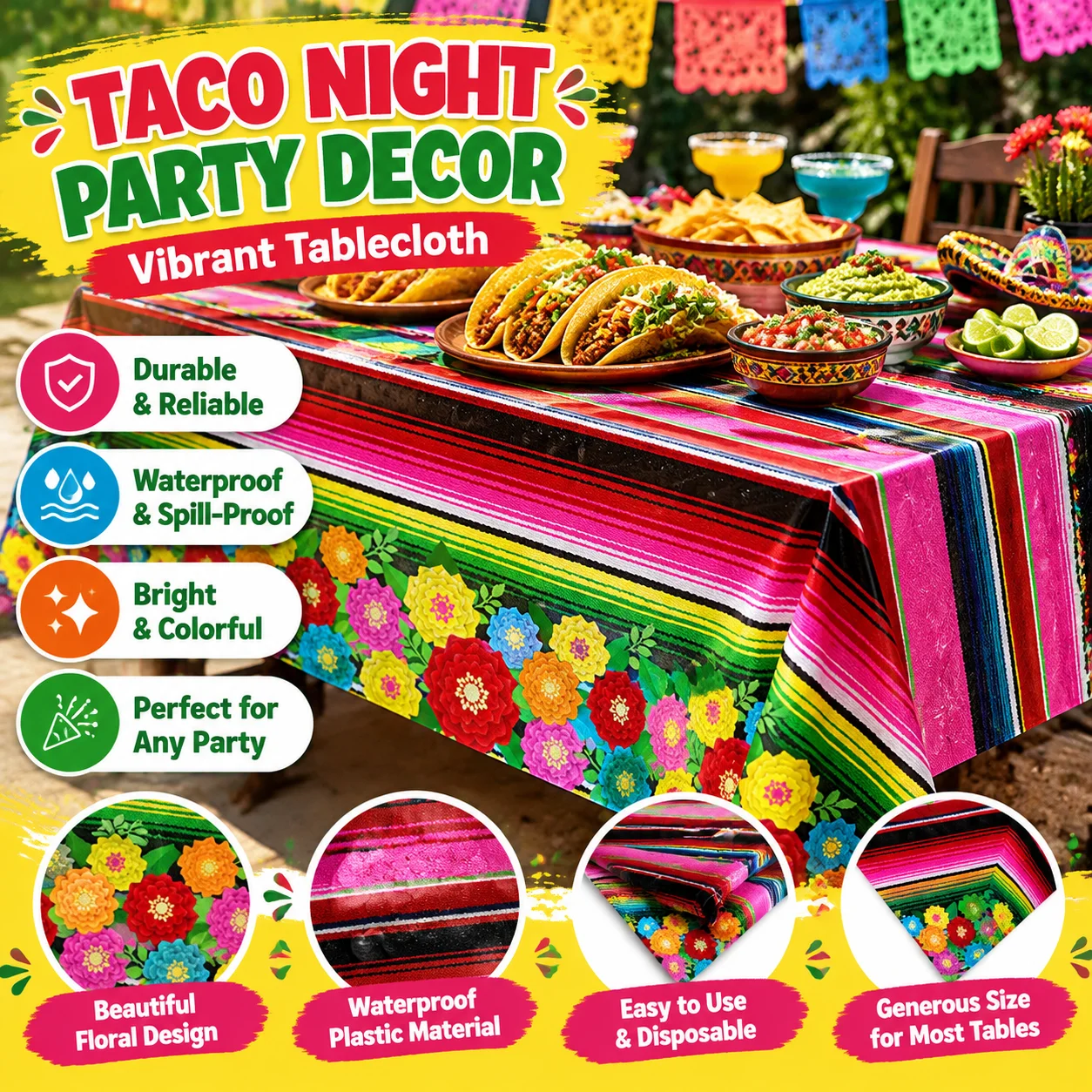 Mexican Striped Disposable Plastic Tablecloth for Taco Night Fiesta Party Cinco de Mayo Decorations Supplies Table Cover Kit