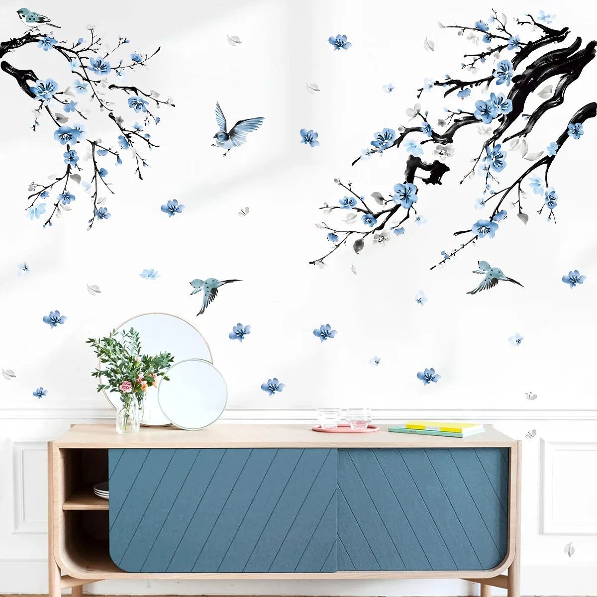 Pegatinas de pared de pájaro ramita de porcelana azul y blanca de acuarela para dormitorio, sala de estar, TV, fondo, decoración del hogar, calcomanía de pared