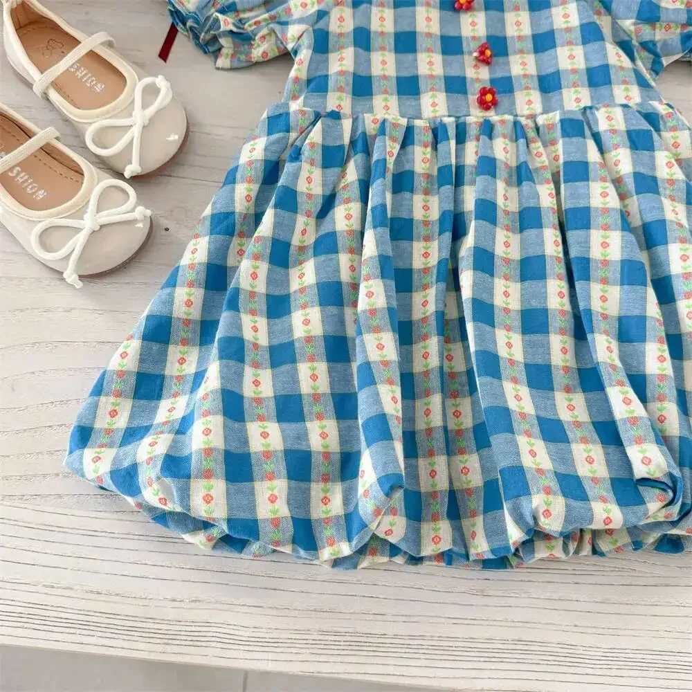 

Girls' Short Sleeved Dress Summer 2026 New Children's Blue Checkered French Floral Bud Dress
