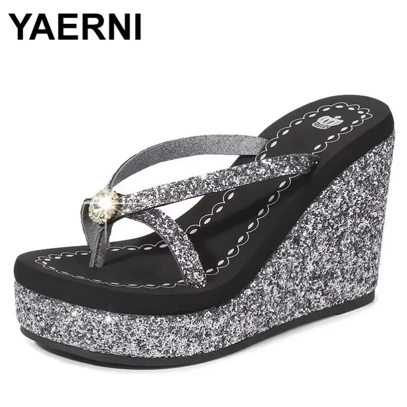 

Лето 2021, женская обувь на платформе, пляжные сандалии со стразами и блестками, шлепанцы, дышащая блестящая танкетка