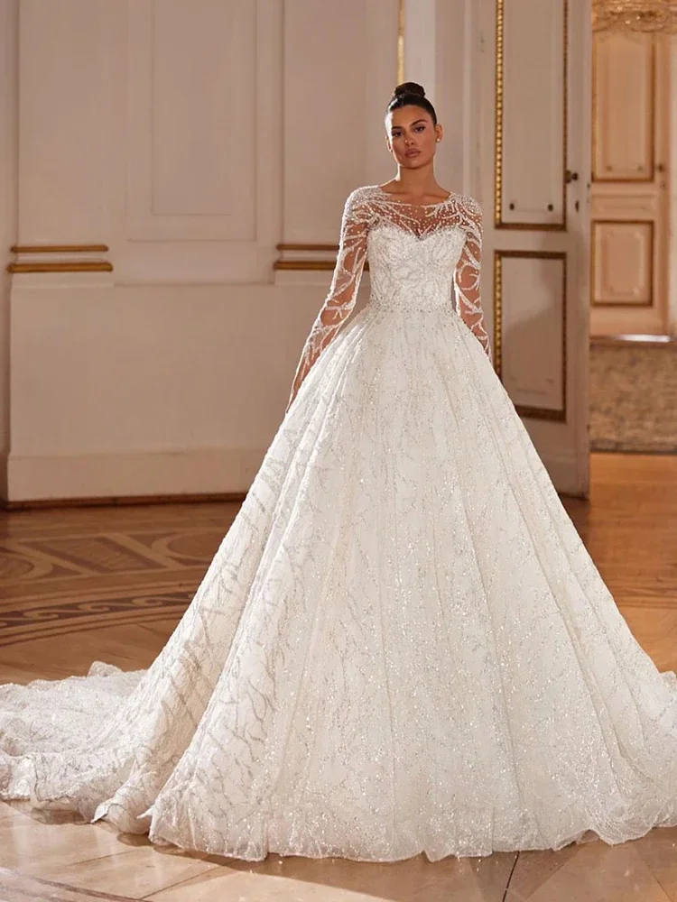 Glitzerndes Hochzeitskleid mit Perlenstickerei und Pailletten, Spitze, Ballkleid, O-Ausschnitt, volle Ärmel, individuelles Brautkleid, Vestido De Novia, Knopfleiste hinten