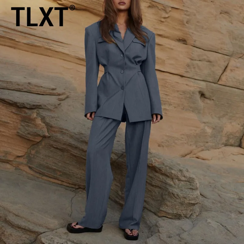 TLXT 2025 Spring Fashion Flip Neck Elegance Waist Wrapped Suit Coat For Women Casual Pants Design Sense Solid Color Set XK1061
