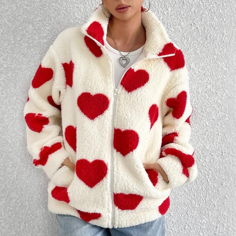 Nowa Jesienno-Zimowa Luźna Pluszowa Rozpinana Kurtka Rozpinana z Nadrukiem w Kształcie Serca, Długi Rękaw, Wysoki Kołnierz, Ciepła Odzież Wierzchnia w Stylu Streetwear