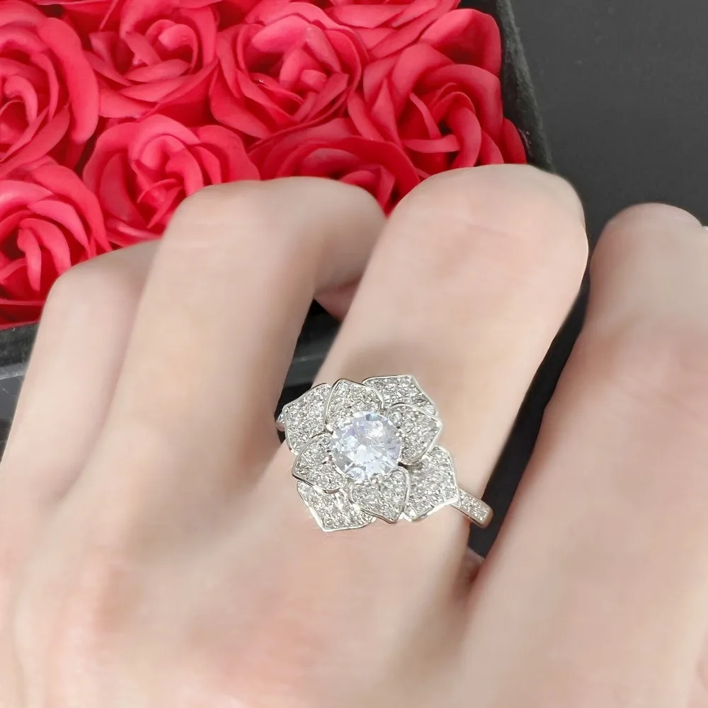 Luxury Romantic Full Inlay High Quality 5A Zircon Large-flowered Camellia Flower Rings for Women Stainless Steel Finger Jewelry
