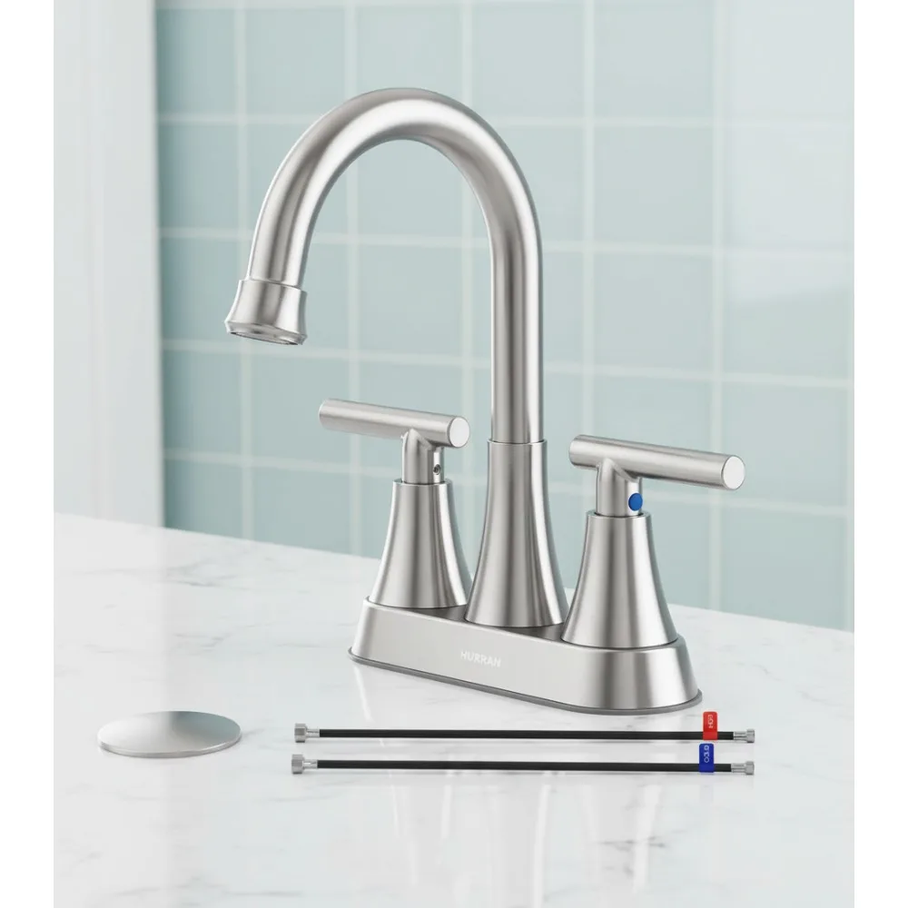 

4 Inch Brushed Nickel Bathroom Sink Faucet with Pop-up Drain, Water-Saving Centerset Faucets for Vanity RV Home