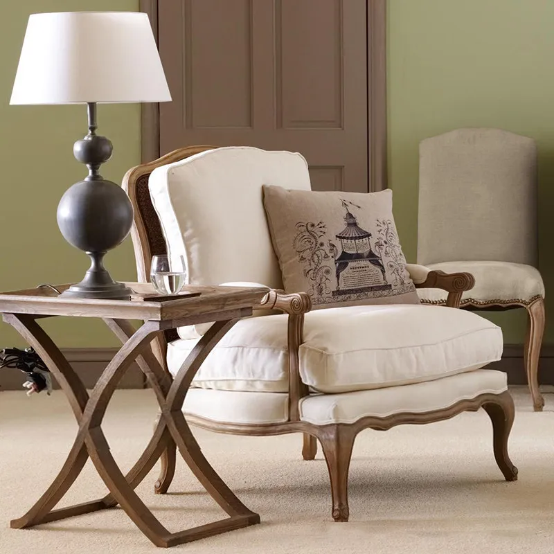 ^American Style Single Sofa Chair Solid Wood Fabric Living Room Balcony Study Bedroom Leisure Chair French Book Chair