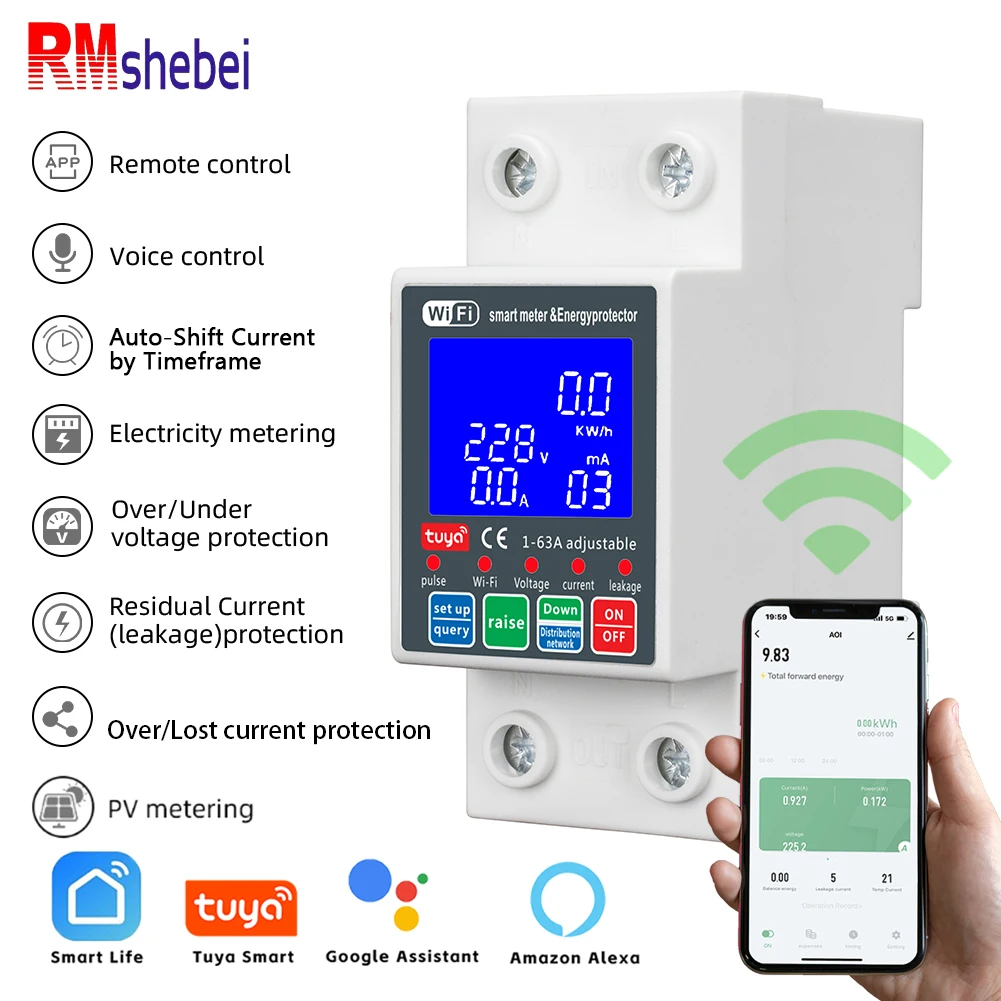 RMshebei Smart Life Smart PV Circuit Breaker Tuya 220v Voltage Current Leakage Protection mcb automatic switch 63A wifi remote