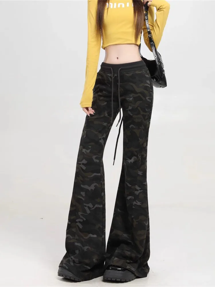 Pantalon de survêtement Dstring de Camouflage américain rétro pour femmes, grande taille, Design de fille chaude, jambe droite, pantalon évasé décontracté