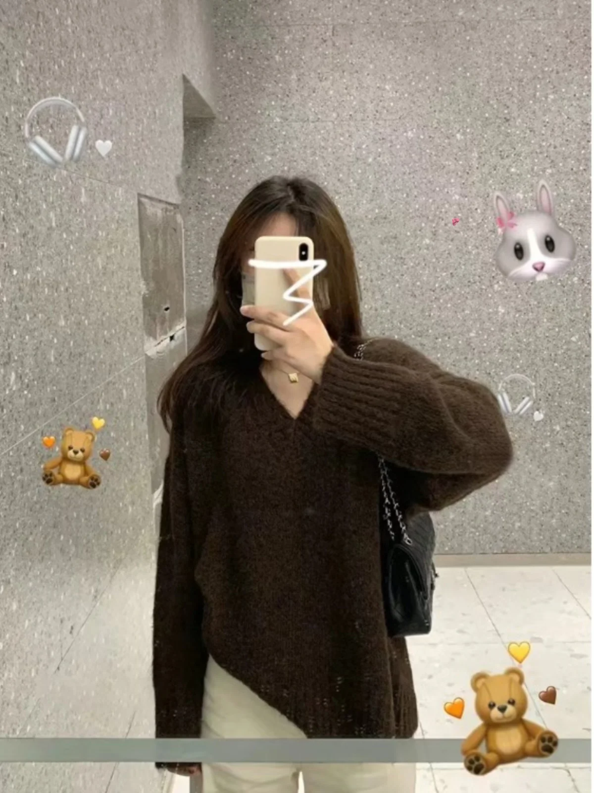 

Ce Brown Thiened Knitted Loose Casual V-ne Sweater Women's Spring Autumn High Sensation Soft Fufu Casual Knitted Top