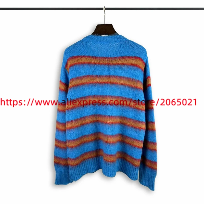 Blue Stripe Knit Mohair Sweater Crewneck Men Women Best Quality Casual Fashion Oversize Sweatshirts