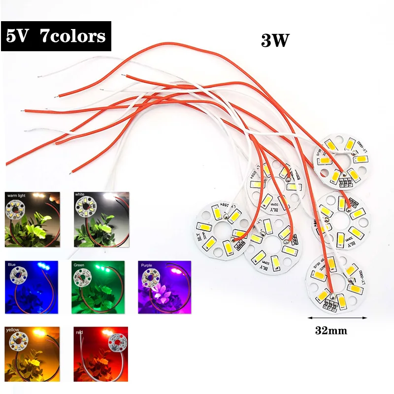 32mm LED 3W 5V Lamp chip Bead Light Board Source 2pin wire Bulb Round Transformation single Green Blue Purple Warm white Light