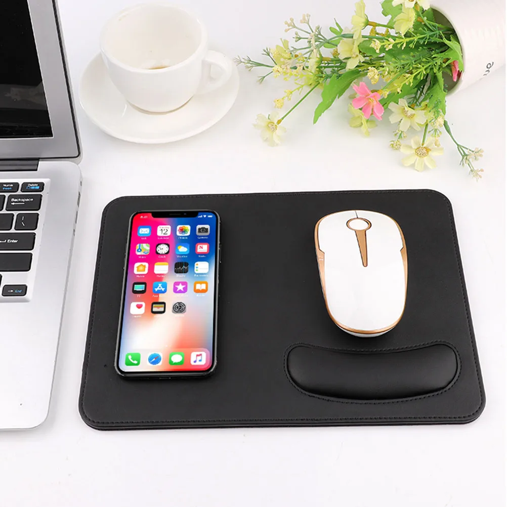 

2 in 1 Wireless Mouse Mat Pad with Wireless Phone Charging Function PU Pad for Home Office Black