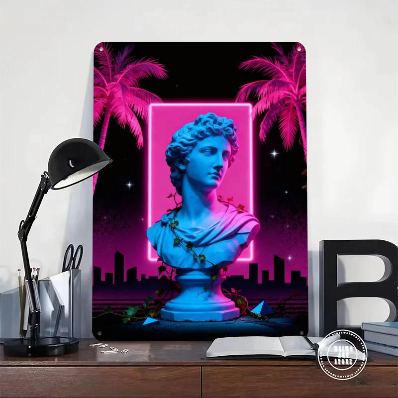 Vaporwave Bust With Neon and Palms Printing Poster Customized Retro Wall Art Vintage Metal Signs for Mancave Bedroom Decorations