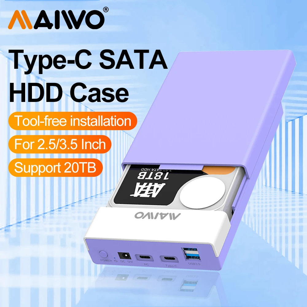 MAIWO External Hard Drive Enclosure for 3.5 2.5 Inch SATA SSD HDD with USB Hub Function Type C to SATA  Adapter Case Up to 20TB