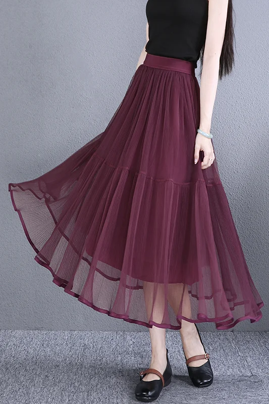 Trend Solid Casual Long Skirt for Women 2026 Summer Korean Style High Waist Bubble Skirt Woman A-Line Fashion Lace Skirts  S703