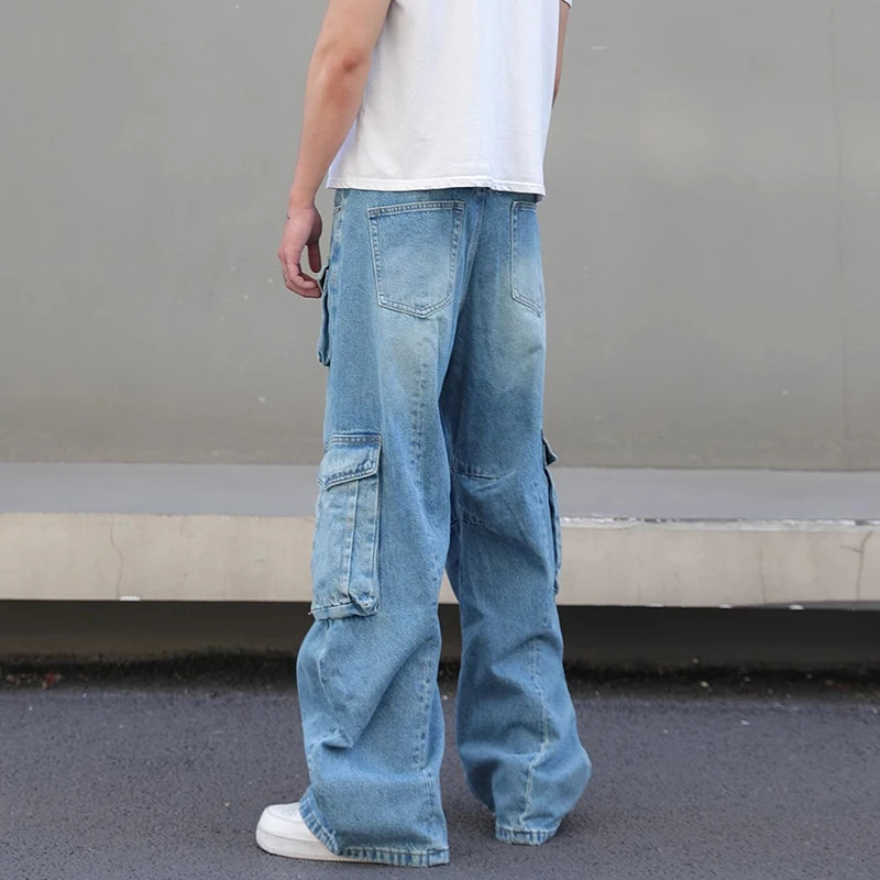 WTHT Fashion Men's Wash Spliced Big Pockets Design Cargo Denim Pants Vintage Wide Leg Straight Jeans Male 2026 Summer 2A2940