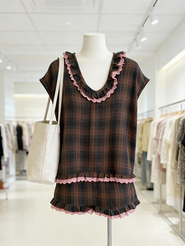 

Loose U-Neck Sleeveless Plaid Top And Short Skirt Two-Piece Set plus Size Fashionable Commute Style Summer Outfit for Women