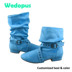 Wedopus Customized 28 Colors Sepatu Dance Warm Boots Light Blue Suede Soft Urban Line Dancing Boot with Zipper 2CM Half Boots