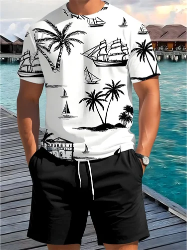 Conjunto de pantalones cortos con cordón de dos piezas con estampado de palmera de manga corta para hombre, traje informal de playa para vacaciones, novedad de verano 2025