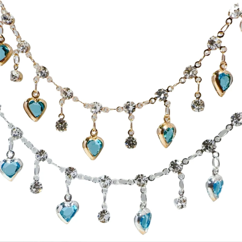 10 Meters/Lot New Retro Lake Blue Crystal Heart Beads Link Chains DIY for Bracelet Necklace Garment Jewelry Making Accessories