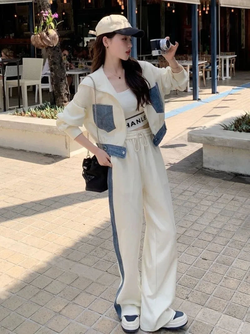 Sweater Denim Splicing Casual Sports Suit Set Spring Autumn New Fashion Sweater Wide Cardigan Contrasting Color Two-piece Set