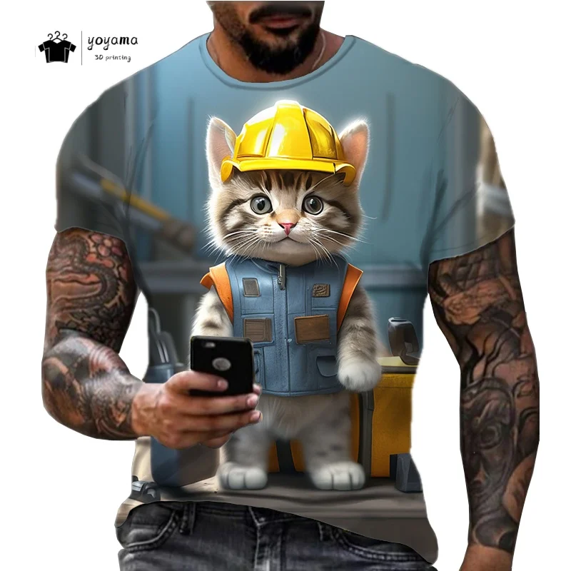 لطيف القط الرجال الجرافيك تي شيرت الصيف الشارع الرجال بلايز المألوف تنفس الرجال قصيرة الأكمام عادية الجولة الرقبة ملابس للرجال