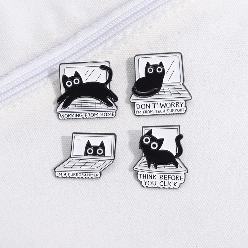 

Punk Creative Black Kitten Enamel Pins Cartoon Cat Loves Work Brooch Custom Denim Lapel Badge Backpack Funny Animal Jewelry Gift