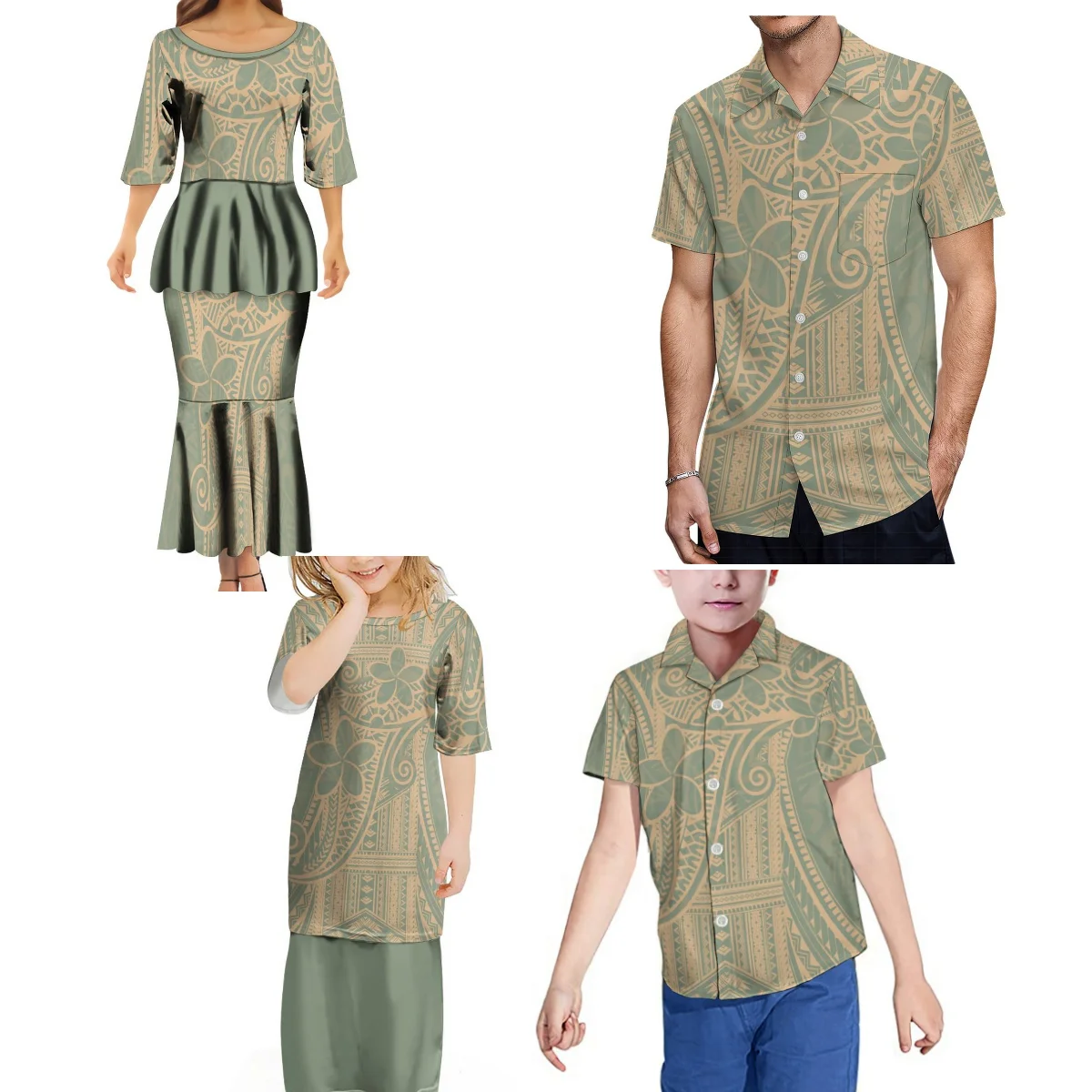 

Polynesian Island Pattern Fashion puletasi Women'S Dress Girls' Dress Men'S Short-Sleeved Shirt Boys' Shirt Support Custom