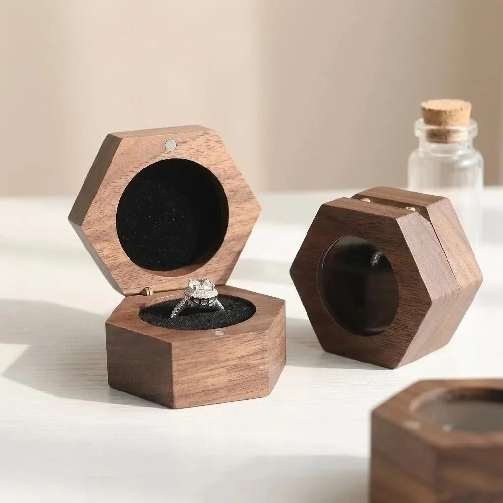 Hexagon Walnut Wood Ring Box With Transparent Window,Magnetic-Clasp Engagement  Ring Case Vintage Wooden Jewelry Storage Box