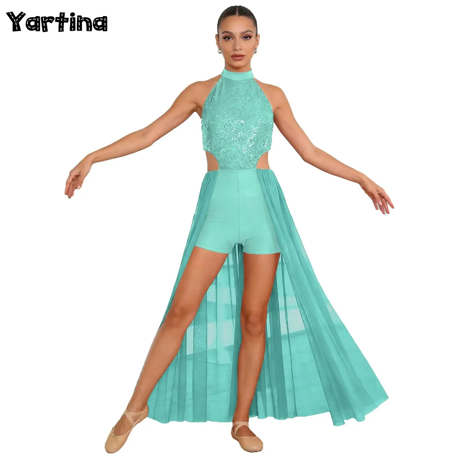 

Женское балетное платье для лирического и современного танца: топ с пайетками, короткая юбка из сетки, боди без спинки, танцевальная одежда